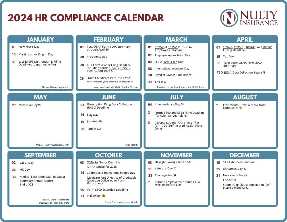 A calendar showing important dates for HR compliance.